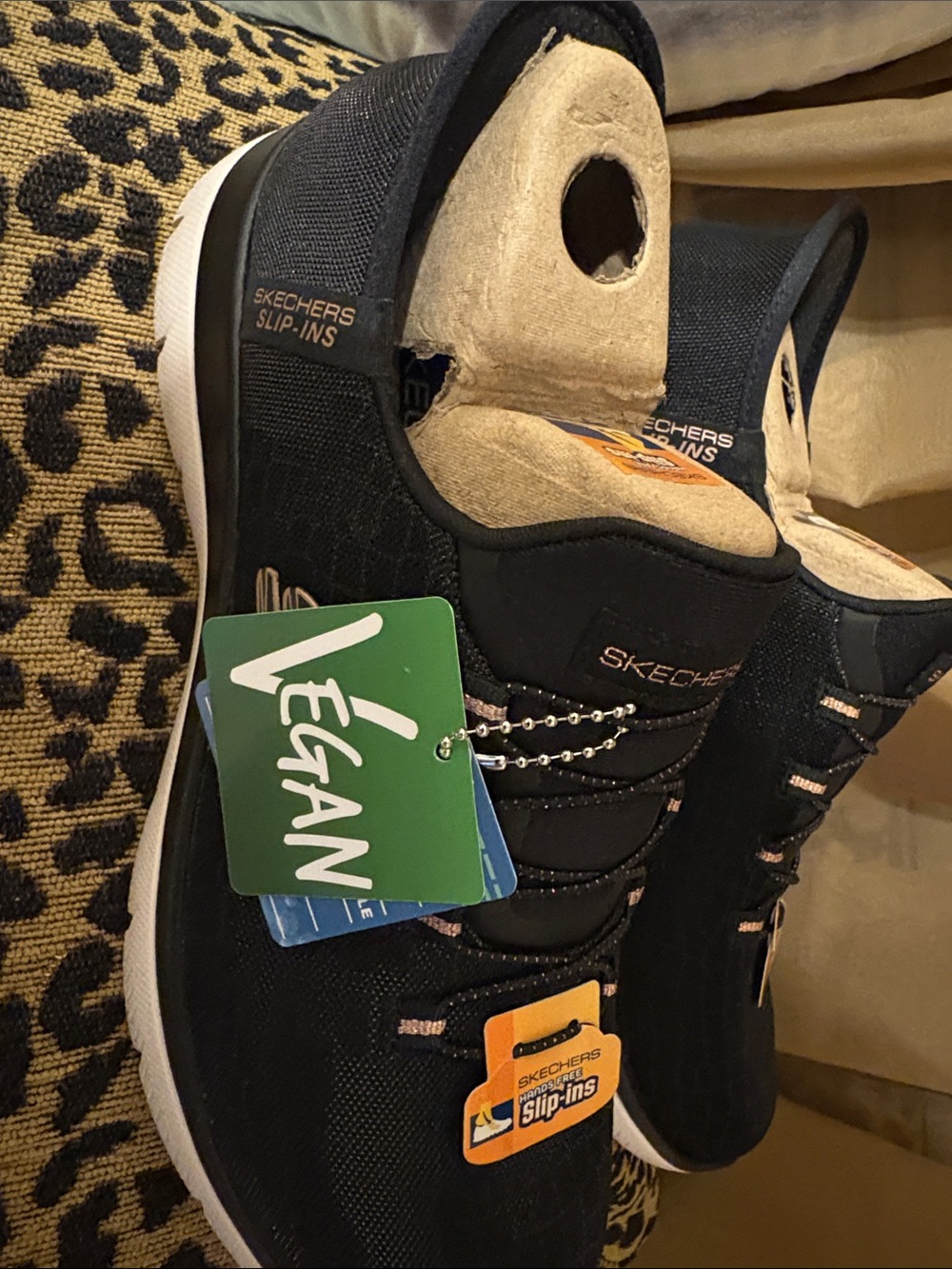 Skechers Women’s Black Slip-On Sneakers with Rose Gold Accents - Picture 2 of 5